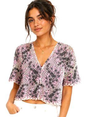 Just Me Lavender Grey Boho Floral Crochet Crop Top